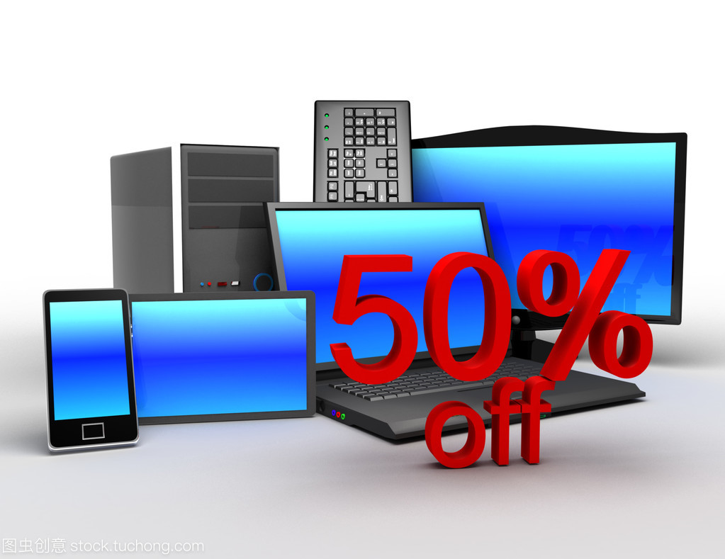 3d 電子產品概念。電子銷售 50%的折扣的概念