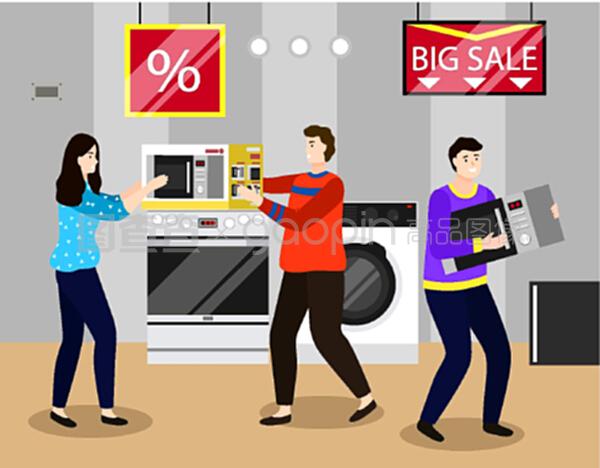 電子產品商店銷售,人們為商品爭吵。男人拿著微波爐柜臺。家用家電。洗衣機和家用矢量插圖設備。電子產品大減價